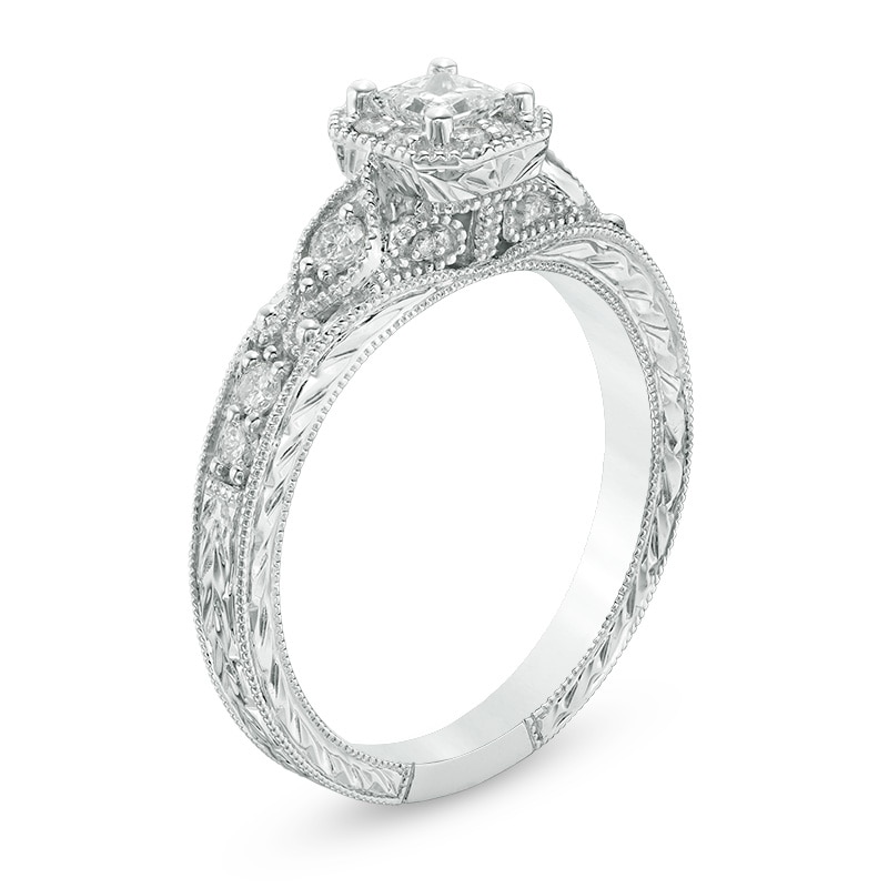 Main Image 2 of Previously Owned - 1/2 CT. T.W. Princess-Cut Diamond Frame Vintage-Style Engagement Ring in 10K White Gold