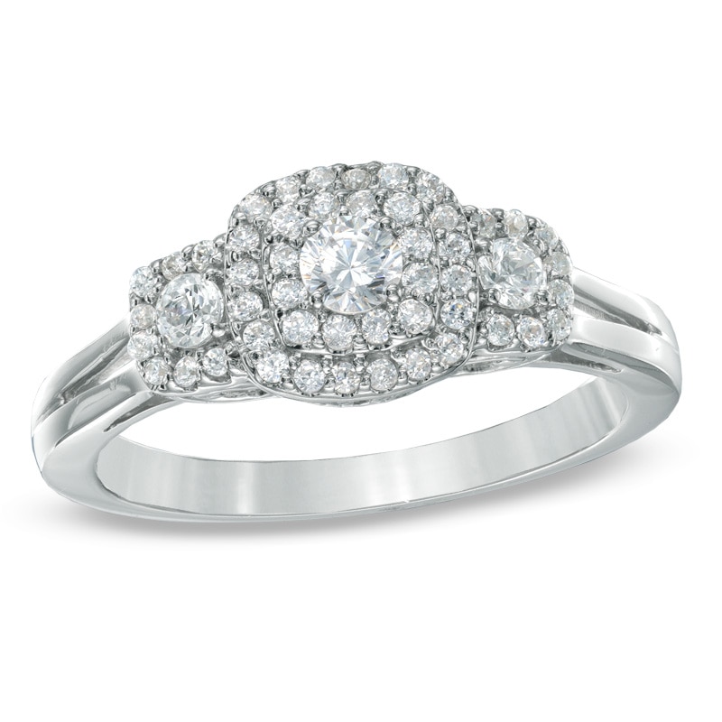 Main Image 1 of Previously Owned - 1/2 CT. T.W. Diamond Double Frame Three Stone Ring in 10K White Gold