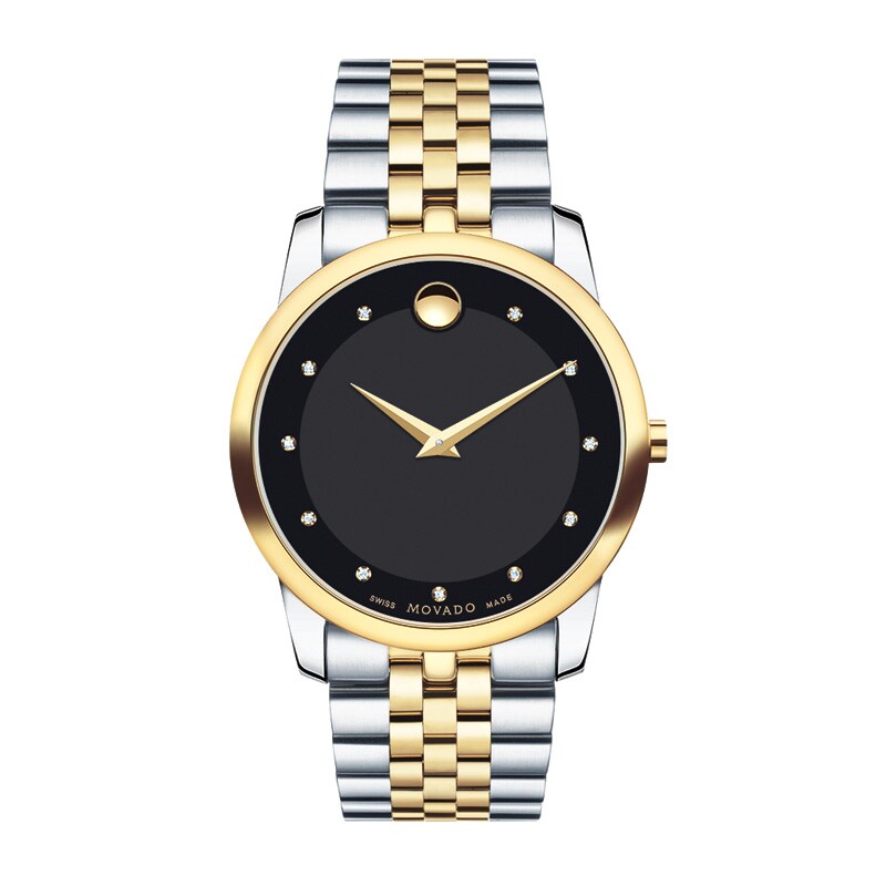 Previously Owned - Men's Movado Museum Classic 0.04 CT. T.W. Diamond Two-Tone PVD Watch with Black Dial (Model: 0606879)