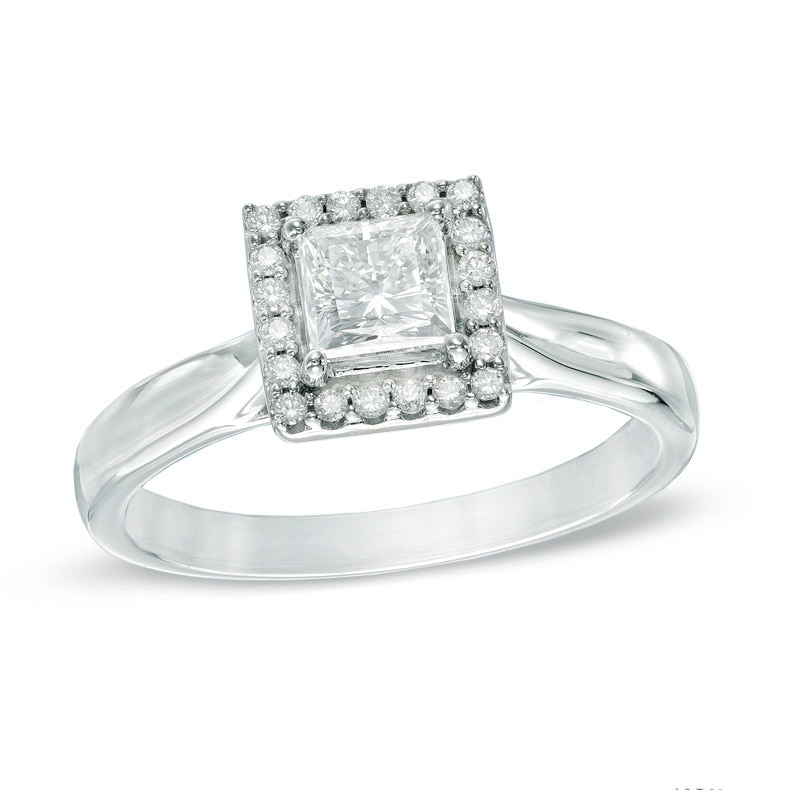 Main Image 1 of Previously Owned - Celebration Lux® 3/4 CT. T.W. Princess-Cut Diamond Frame Engagement Ring in 18K White Gold (I/SI2)