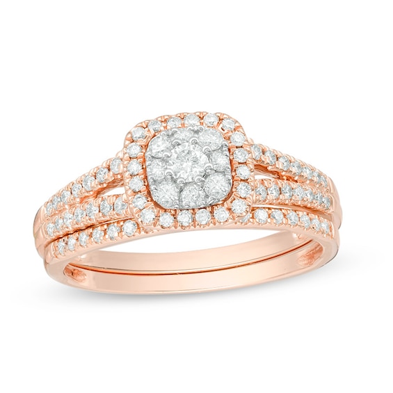 Previously Owned - 1/2 CT. T.w. Composite Diamond Cushion Frame Bridal Set in 14K Rose Gold