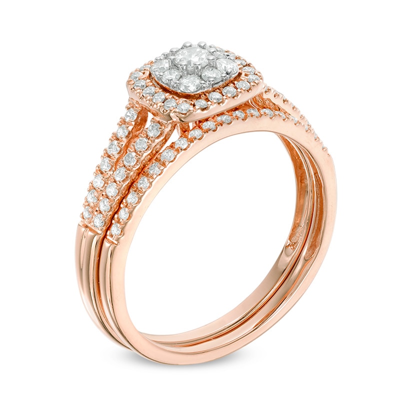 Previously Owned - 1/2 CT. T.W. Composite Diamond Cushion Frame Bridal Set in 14K Rose Gold