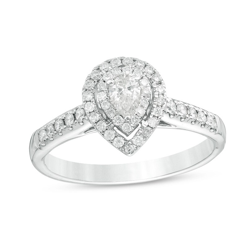 Main Image 1 of Previously Owned - 1/2 CT. T.W. Pear-Shaped Diamond Double Frame Engagement Ring in 14K White Gold