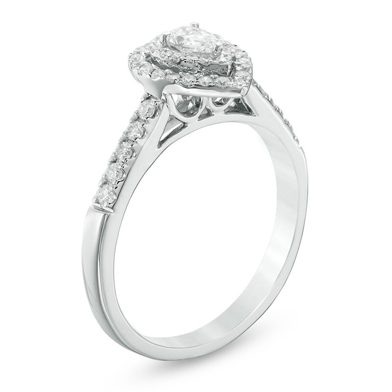 Main Image 2 of Previously Owned - 1/2 CT. T.W. Pear-Shaped Diamond Double Frame Engagement Ring in 14K White Gold