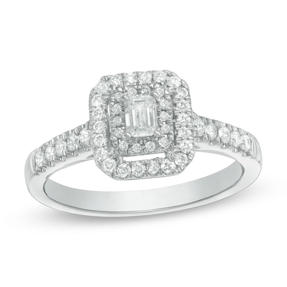 Previously Owned - 1/2 CT. T.w. Emerald-Cut Diamond Double Frame Engagement Ring in 14K White Gold