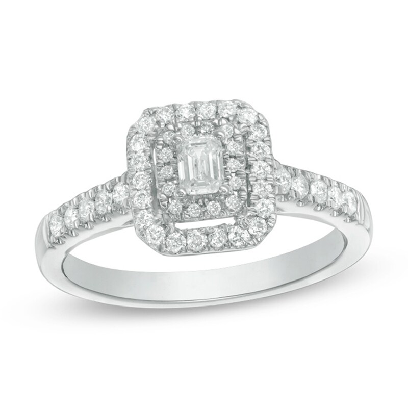 Main Image 1 of Previously Owned - 1/2 CT. T.W. Emerald-Cut Diamond Double Frame Engagement Ring in 14K White Gold