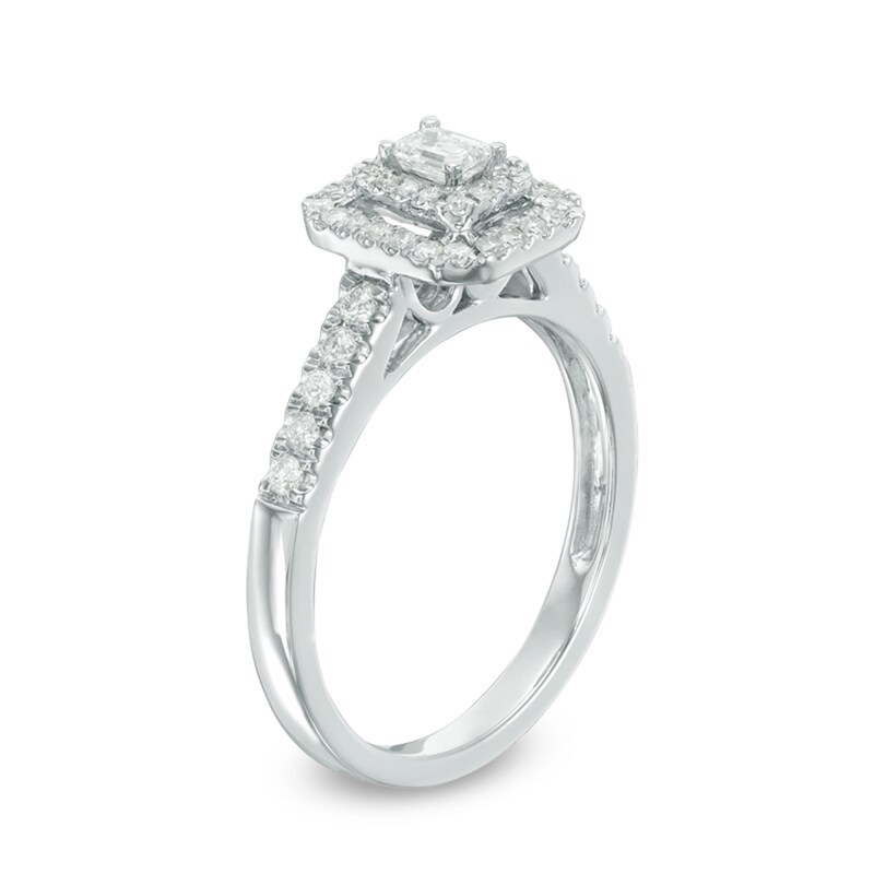 Main Image 2 of Previously Owned - 1/2 CT. T.W. Emerald-Cut Diamond Double Frame Engagement Ring in 14K White Gold