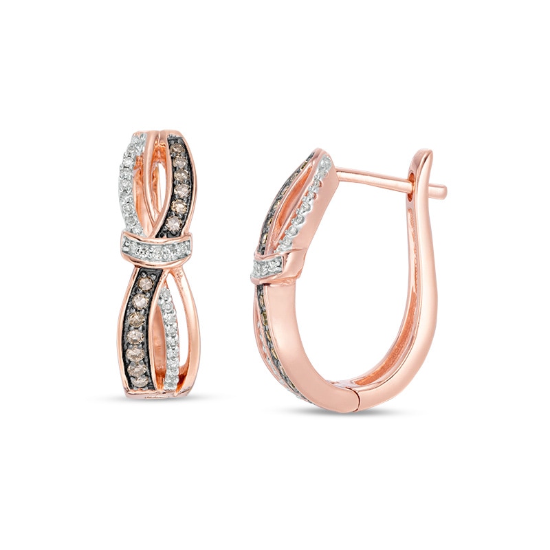 Main Image 1 of Previously Owned - 1/5 CT. T.W. Champagne and White Diamond Wave Hoop Earrings in 10K Rose Gold