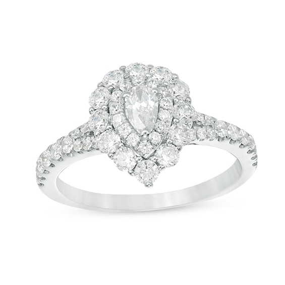Previously Owned - 1 CT. T.w. Pear-Shaped Diamond Double Frame Split Shank Engagement Ring in 14K White Gold