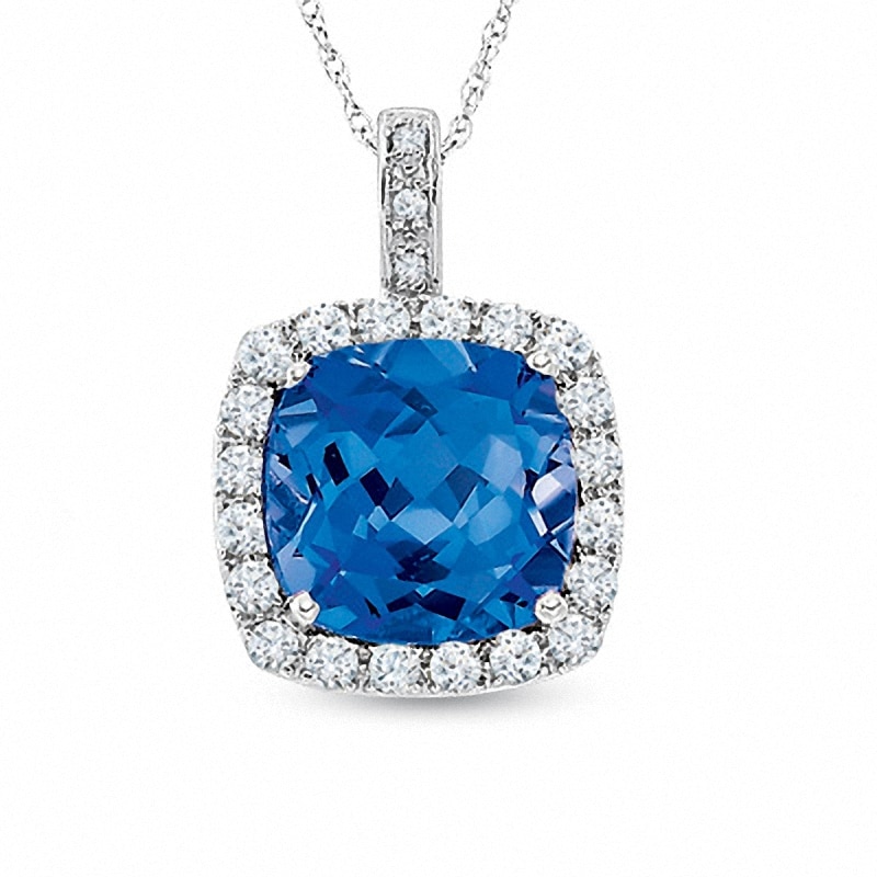 Main Image 1 of Previously Owned - Cushion-Cut Lab-Created Ceylon and White Sapphire Pendant in 10K White Gold with Diamond Accents