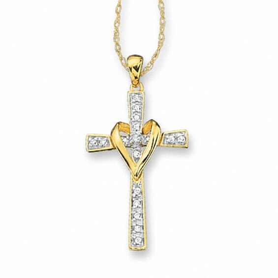 Previously Owned - Diamond Accent Cross and Heart Pendant in 10K Gold