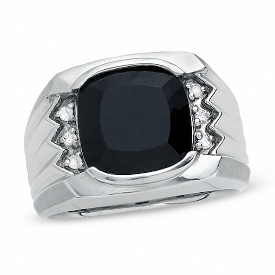 Previously Owned - Cushion-Cut Onyx Ring in Sterling Silver with Diamond Accents