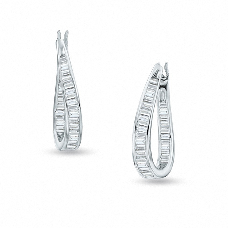 Main Image 1 of Previously Owned - 1/2 CT. T.W. Baguette Diamond Inside-Out Hoop Earrings in 14K White Gold