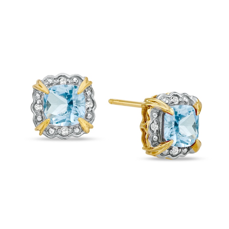 Main Image 1 of Previously Owned - 6.0mm Cushion-Cut Simulated Aquamarine and Diamond Accent Frame Stud Earrings in 10K Gold