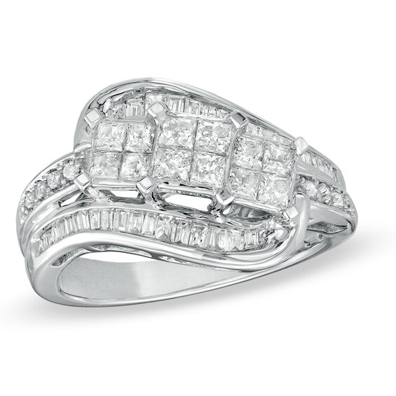 Previously Owned - 1 CT. T.w. Princess-Cut and Baguette Diamond Three Square Ring in 14K White Gold