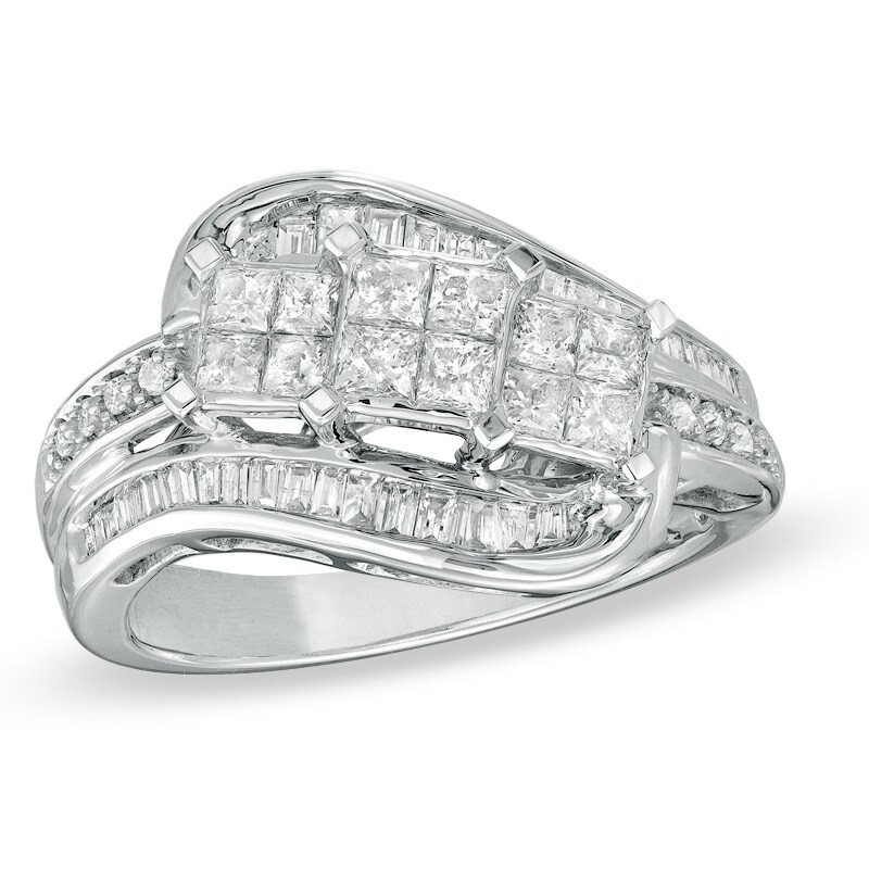 Main Image 1 of Previously Owned - 1 CT. T.W. Princess-Cut and Baguette Diamond Three Square Ring in 14K White Gold