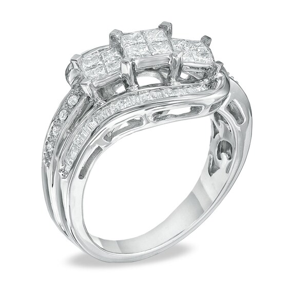 Previously Owned - 1 CT. T.w. Princess-Cut and Baguette Diamond Three Square Ring in 14K White Gold