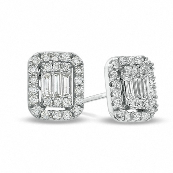 Previously Owned - 5/8 CT. T.w. Baguette and Round Diamond Stud Earrings in 14K White Gold