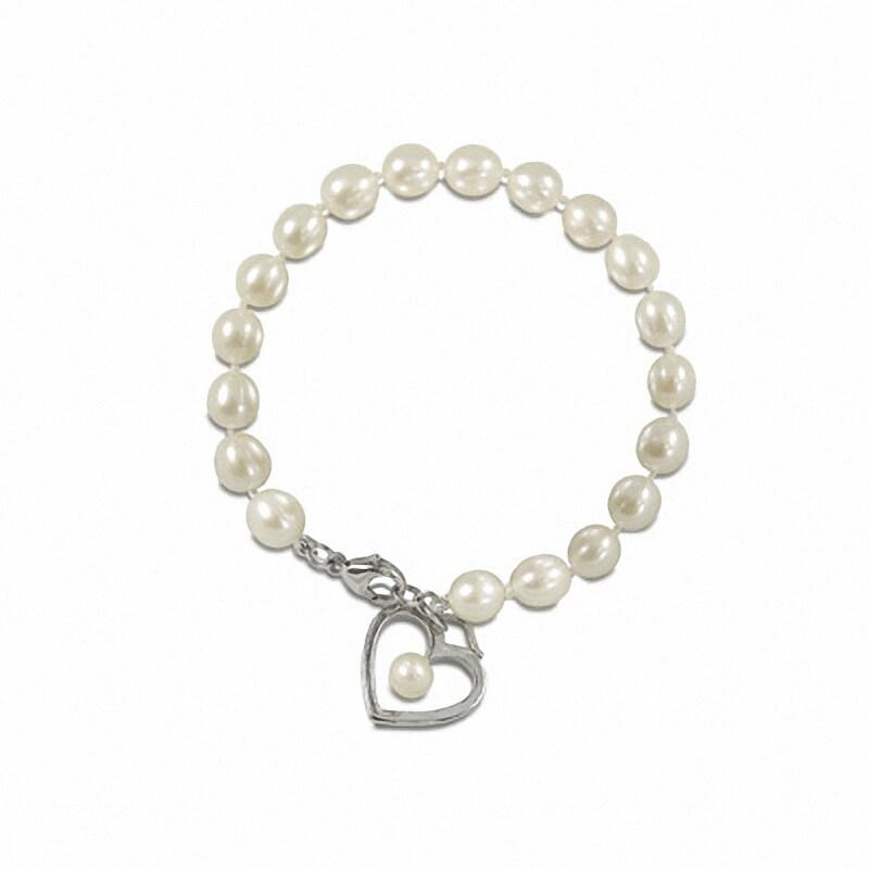 Main Image 1 of Previously Owned-Freshwater Cultured Pearl Bracelet with Sterling Silver Heart Charm-7.5"