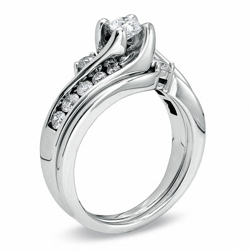 Main Image 2 of Previously Owned - 1 CT. T.W. Diamond Three Stone Slant Bridal Set in 14K White Gold