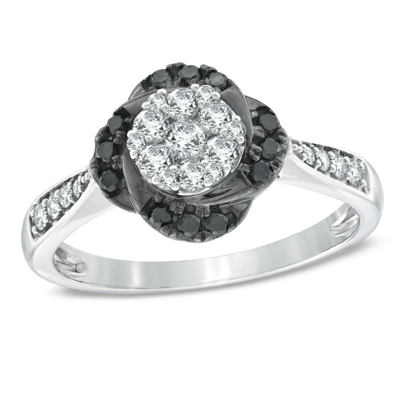 Main Image 1 of Previously Owned - 1/2 CT. T.W. Enhanced Black and White Diamond Flower Frame Ring in 10K White Gold