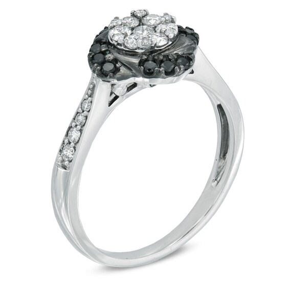 Previously Owned - 1/2 CT. T.w. Enhanced Black and White Diamond Flower Frame Ring in 10K White Gold