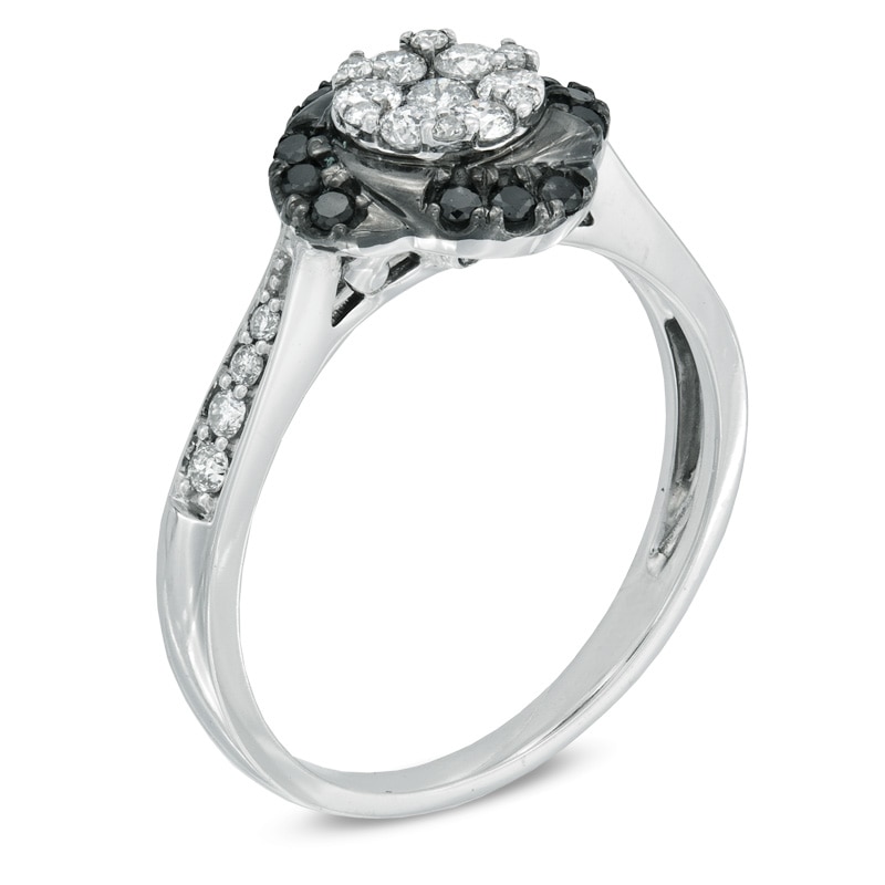 Main Image 2 of Previously Owned - 1/2 CT. T.W. Enhanced Black and White Diamond Flower Frame Ring in 10K White Gold