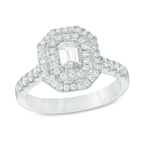Previously Owned - Celebration Ideal 1 CT. T.w. Emerald-Cut Diamond Frame Engagement Ring in 14K White Gold (I/I1)