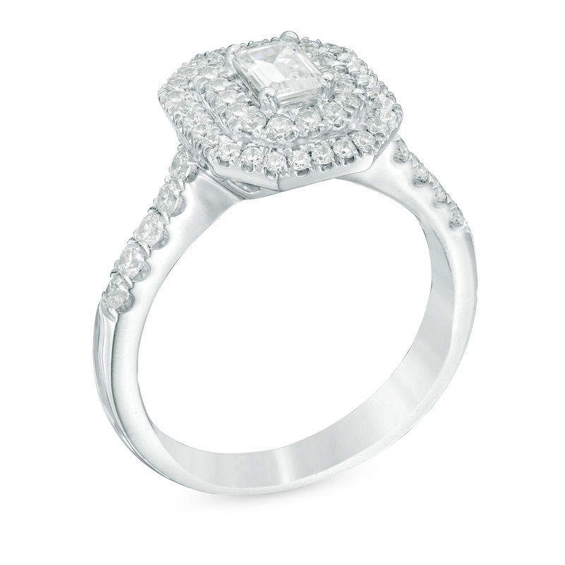 Main Image 2 of Previously Owned - Celebration Ideal 1 CT. T.W. Emerald-Cut Diamond Frame Engagement Ring in 14K White Gold (I/I1)