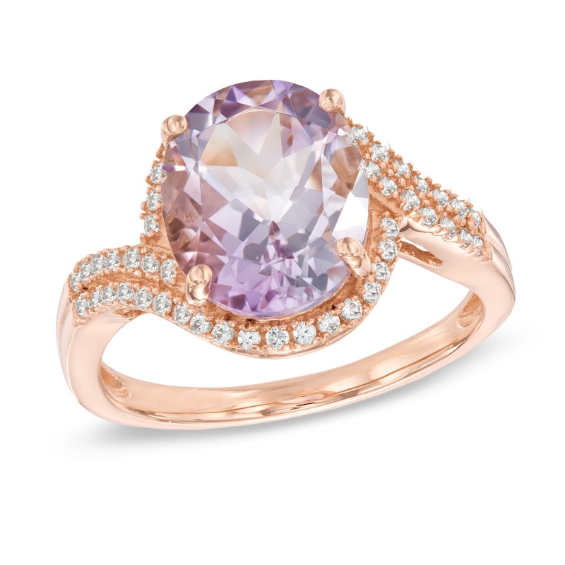 Main Image 1 of Previously Owned - Oval Rose de France Amethyst and Lab-Created White Sapphire Frame Bypass Ring in 10K Rose Gold