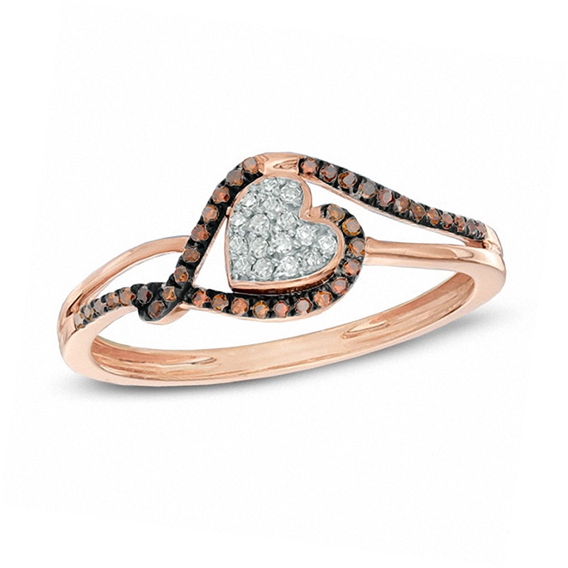 Main Image 1 of Previously Owned - 1/6 CT. T.W. Enhanced Cognac and White Diamond Tilted Heart Ring in 10K Rose Gold