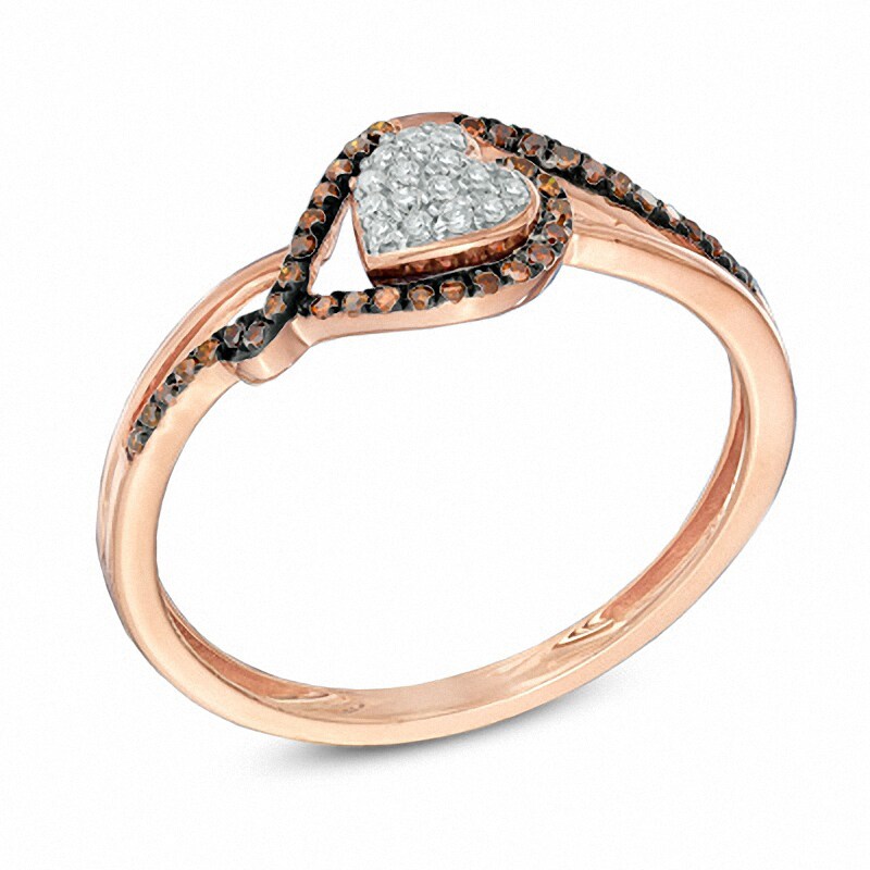 Main Image 2 of Previously Owned - 1/6 CT. T.W. Enhanced Cognac and White Diamond Tilted Heart Ring in 10K Rose Gold