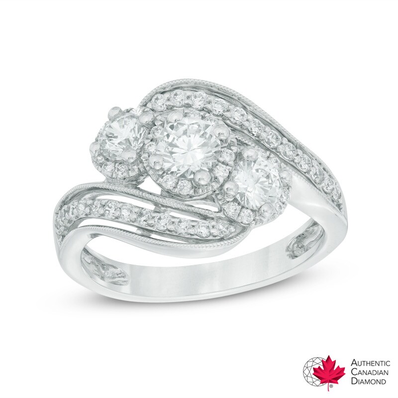 Main Image 1 of Previously Owned - 1 CT. T.W. Diamond Three Stone Slant Engagement Ring in 14K White Gold (I/I2)