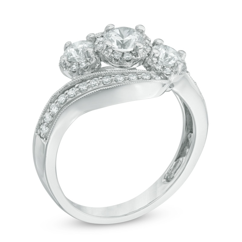 Main Image 2 of Previously Owned - 1 CT. T.W. Diamond Three Stone Slant Engagement Ring in 14K White Gold (I/I2)