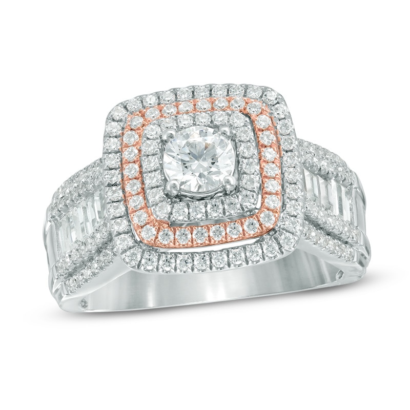 Main Image 1 of Previously Owned - 1-1/4 CT. T.W. Diamond Layered Frame Channel-Set Engagement Ring in 14K Two-Tone Gold