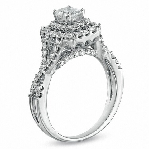 Previously Owned - 1-1/4 CT. T.w. Radiant-Cut Diamond Double Frame Engagement Ring in 14K White Gold (I/I1)