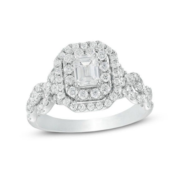 Previously Owned - Celebration Ideal 1-1/2 CT. T.W. Emerald-Cut Diamond Frame Engagement Ring in 14K White Gold Previously Owned - Celebration Ideal 1-1/2 CT. T.W. Emerald-Cut Diamond Frame Engagement Ring in 14K White Gold