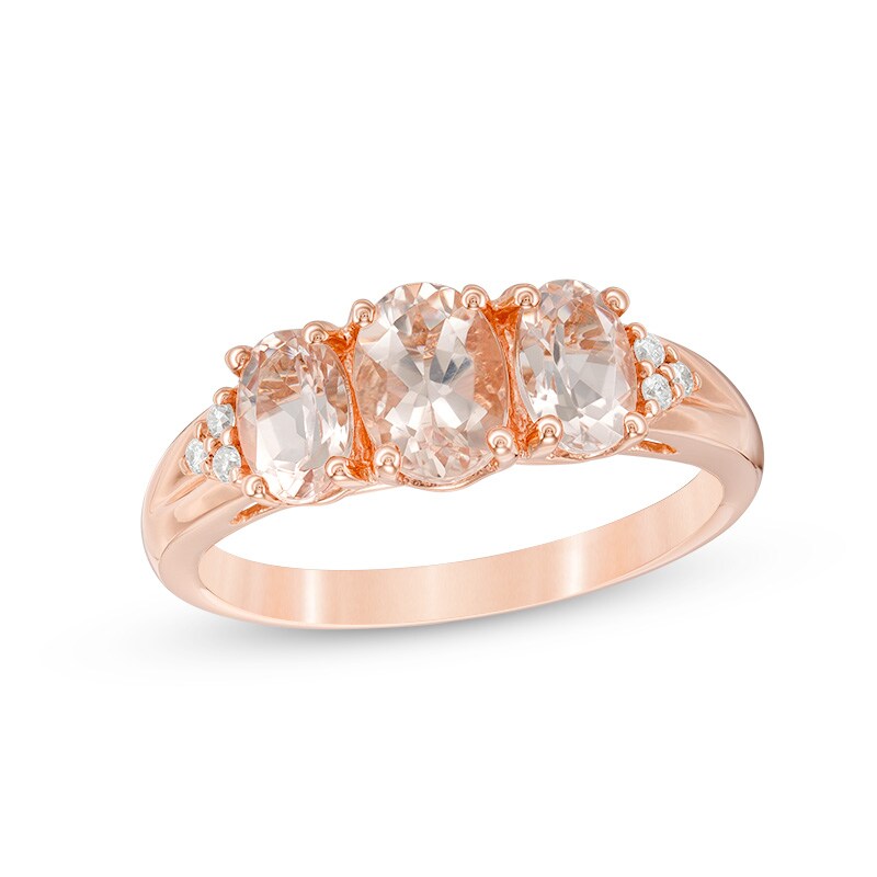 Main Image 1 of Previously Owned - Oval Morganite and Diamond Accent Three Stone with Tri-Sides Ring in 10K Rose Gold