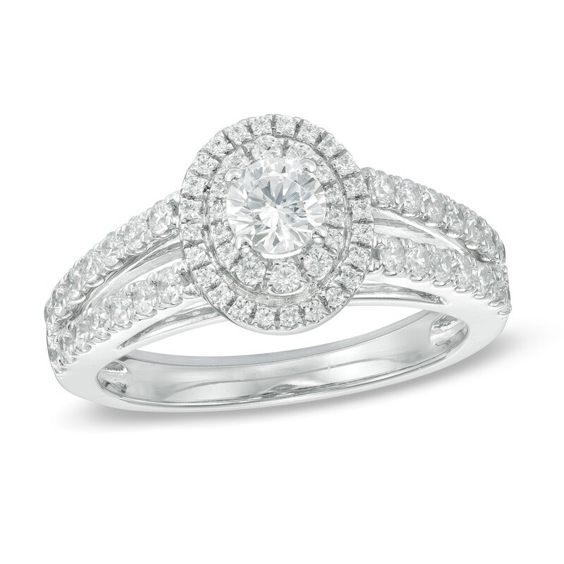Main Image 1 of Previously Owned - 1 CT. T.W. Diamond Oval Double Frame Split Shank Engagement Ring in 14K White Gold