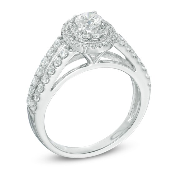 Previously Owned - 1 CT. T.w. Diamond Oval Double Frame Split Shank Engagement Ring in 14K White Gold