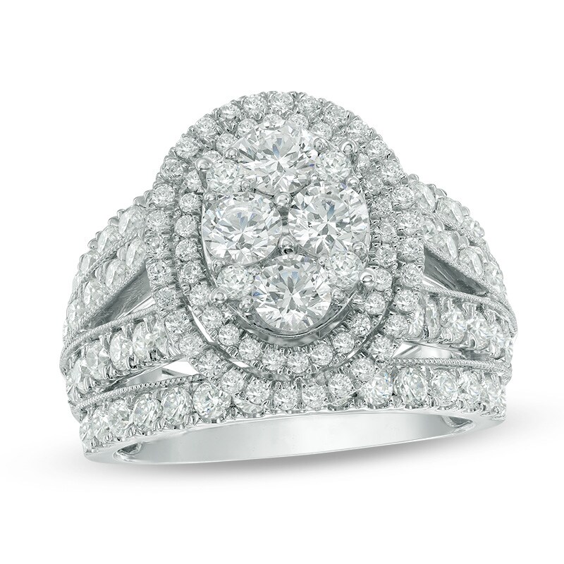 Main Image 1 of Previously Owned - 3 CT. T.W. Quad Diamond Oval Frame Multi-Row Vintage-Style Engagement Ring in 14K White Gold