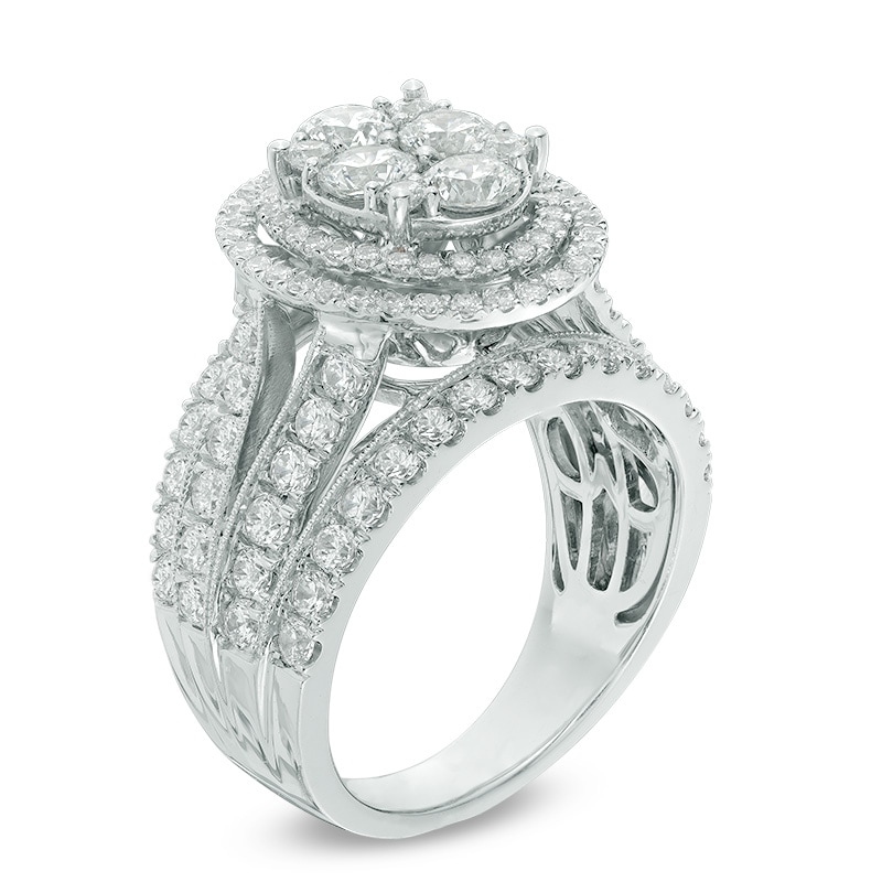 Main Image 2 of Previously Owned - 3 CT. T.W. Quad Diamond Oval Frame Multi-Row Vintage-Style Engagement Ring in 14K White Gold