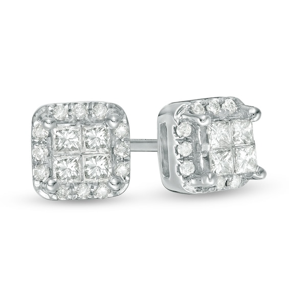 Previously Owned - 1/4 CT. T.w. Quad Princess-Cut Diamond Frame Stud Earrings in 10K White Gold