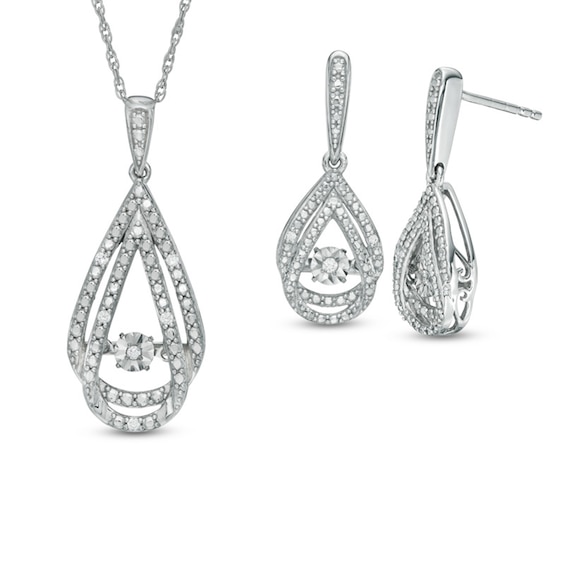 Previously Owned - 1/10 CT. T.w. Diamond Accent Teardrop Pendant and Earrings Set in Sterling Silver
