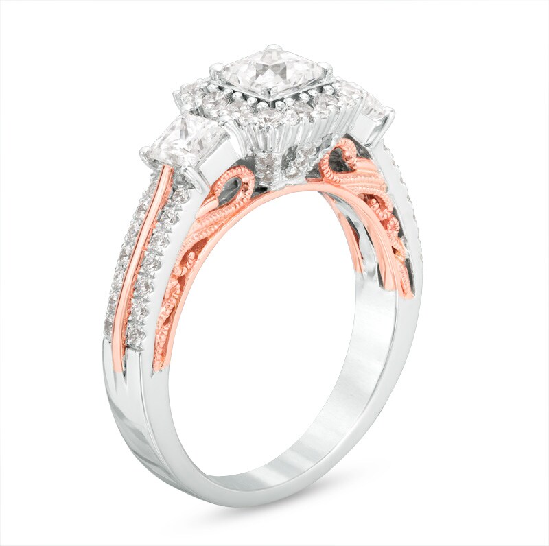 Main Image 2 of Previously Owned - Celebration Ideal 1-1/2 CT. T.W. Diamond Three-Stone Engagement Ring in 14K Two-Tone Gold