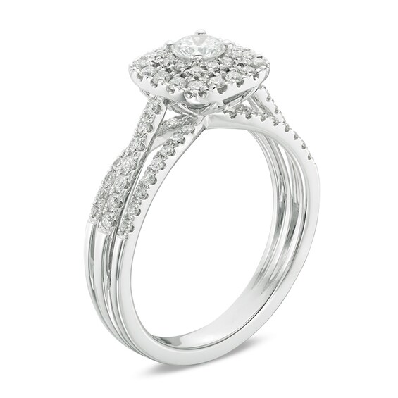 Previously Owned - 3/4 CT. T.w. Diamond Double Cushion Frame Multi-Row Split Shank Engagement Ring in 14K White Gold
