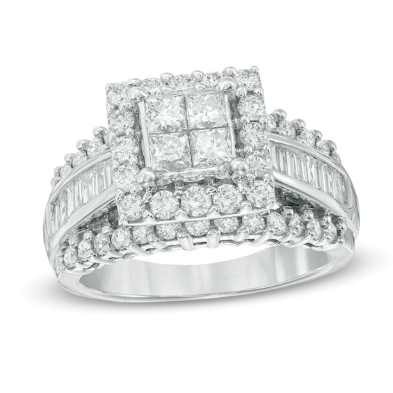 Previously Owned - 2 CT. T.w. Quad Princess-Cut and Baguette Diamond Engagement Ring in 14K White Gold