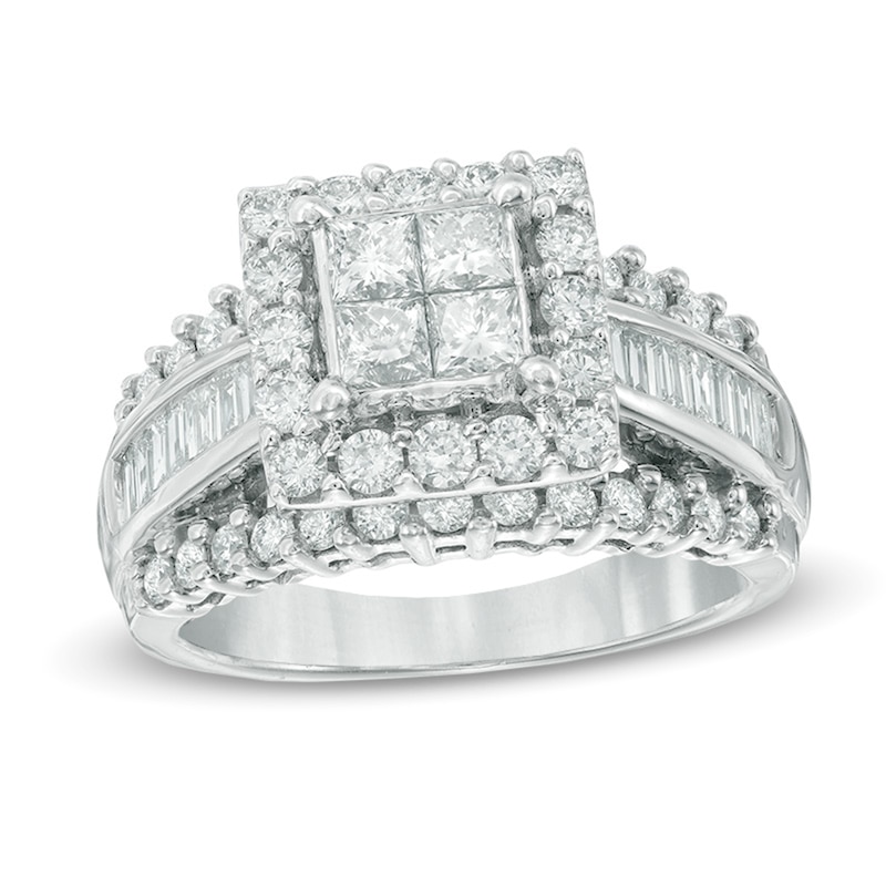 Previously Owned - 2 CT. T.W. Quad Princess-Cut and Baguette Diamond Engagement Ring in 14K White Gold