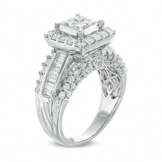 Previously Owned - 2 CT. T.w. Quad Princess-Cut and Baguette Diamond Engagement Ring in 14K White Gold