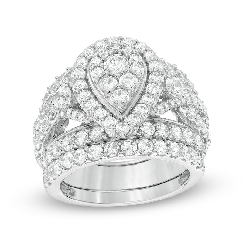 Main Image 1 of Previously Owned - 3 CT. T.W. Composite Diamond Pear-Shaped Frame Three Piece Bridal Set in 14K White Gold